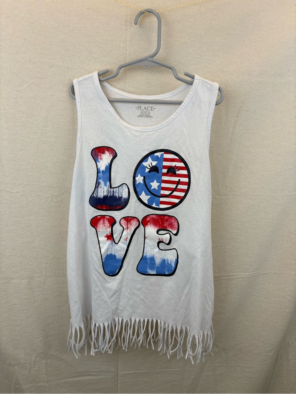 The Children's Place White Tank Patriotic LOVE, fringe, USA, Girls XXL 14/16